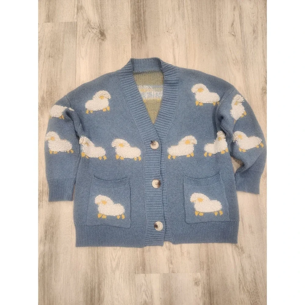 Blue & White Cardigan V-Neck Knit Sweater Sheep Motif Cottagecore Size Med/Large